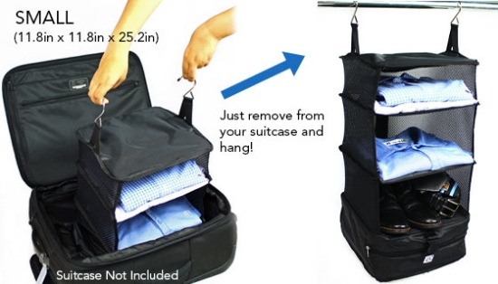 Never go through the hassle of unpacking a full suitcase again; hang it instead with the patented Portable Luggage System. This innovative product combines the convenience of hanging storage shelves and portability of packing cubes in one easy-to use package.