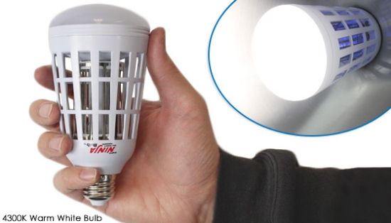 Part LED light bulb, part bug zapper!  The 2-in-1 bulb can be used indoors and outdoors in any standard light fixture.  4 ultraviolet LEDs lure the pests and zap them with the high voltage grid once they get too close.