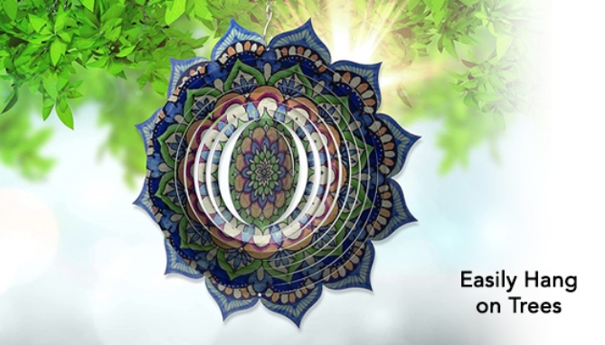 Add color and motion to any garden with this artistic designed, laser-cut spinning art. Spread the vanes out to catch the wind and watch the decorative Mandala Flower spin, creating a captivating 3D display.