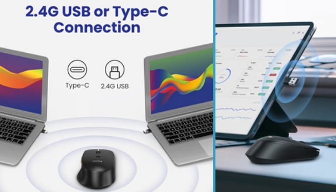 Featuring 2-in-1 USB and Type-C receiver, VictSing wireless mouse works with most devices with standard USB port or Type-C port. You'll find the newer USB-C port on modern computers and laptops, but you can also utilize this on many Android phones, iPads, and more.