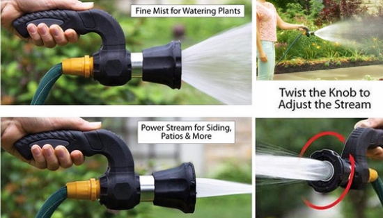 The Mighty Blaster is the popular as seen on TV nozzle that can go from a fine mist to an explosion of water power just like a firemen's hose nozzle. Just twist the nozzle to control the flow.