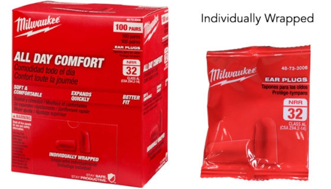 Milwaukee All Day Comfort Disposable Ear Plugs - Individually Wrapped (Box of 100 Pair) w/32 dB Noise Reduction Rating