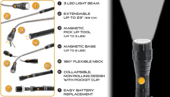 Here's a flashlight that is simple to use and still loaded with features. Not only do you get a powerful LED flashlight, but also a magnetic pick-up tool and portable lamp.