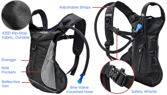 Ideal for day hiking, biking, camping or just being out all day at a fest or concert, the Hydration Backpack provides you with a thirst-quenching 1.5 liters of water in a convenient backpack, leaving your hands free and your pockets empty of bulky water bottles.