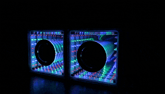 These show-stopping speakers actually feature an infinity mirror optical illusion that pulses to the beat of your music! The main speaker can be used alone, or plug in the other speaker for true stereo sound.