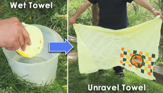 Lightload's Full-Size Beach Towel (36 inches X 60 Inches) comes in a compressed state, about the size of a hockey puck.