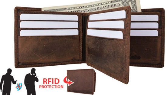 RFID-Blocking Bifold Wallet: Vintage Brown Genuine Leather