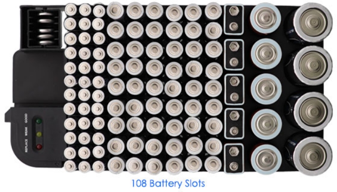 With storage for 108 batteries, you will always know exactly where every battery is. From tiny button-cells to giant D-cell batteries, everything fits perfectly in custom size slots. Plus it also gives you more storage for the common size batteries like AA and AAA batteries.