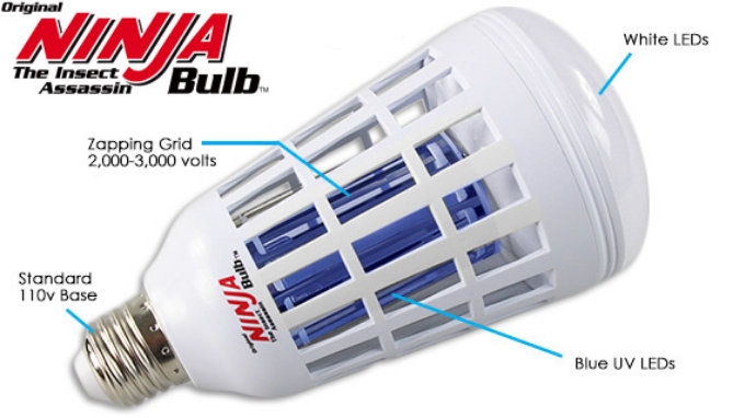 Part LED light bulb, part bug zapper!  The 2-in-1 bulb can be used indoors and outdoors in any standard light fixture.  4 ultraviolet LEDs lure the pests and zap them with the high voltage grid once they get too close.