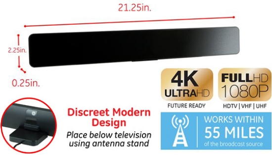 GE Indoor Pro HD Bar Amplified Antenna: 4K-Ready