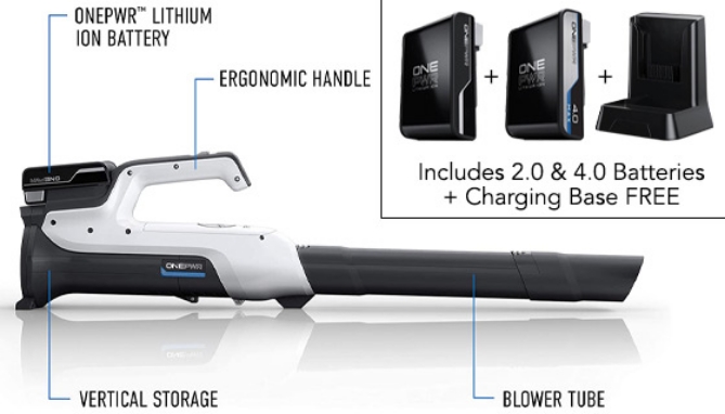 ONEPWR Cordless Leaf and Debris Blower with 2 Rechargeable Batteries BH57220