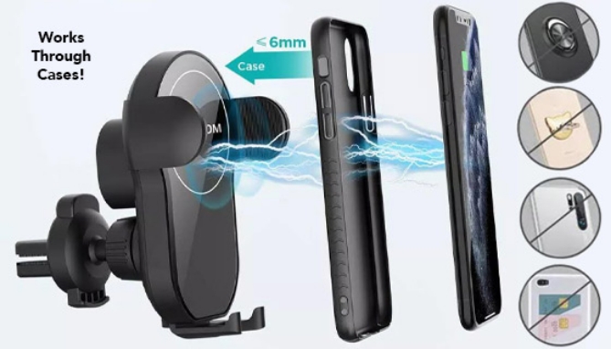 This deluxe phone mount will securely hold and display your phone all while wirelessly charging it. That's right - you don't even need to plug a cord into your phone anymore!