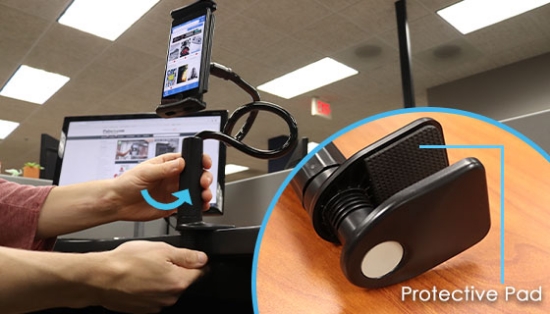 Securely grip your smartphone or tablet onto thick counters, tables, headboards, desks, shelves and more with this Universal Adjustable Stand. It has never been easier to multitask while you enjoy all of your favorite media completely hands-free!