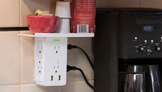 The Tower Charger transforms your standard 2 port outlet into a powerful charging station complete with a built-in shelf.