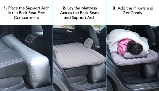 This innovative inflatable mattress is designed to go in the backseat of your car or van to give you a comfy flat surface for sleeping! This is a must for anyone who wants to camp out in the car or go on road trips.