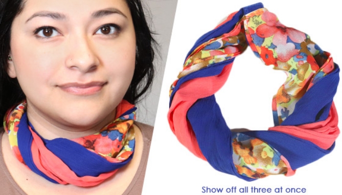 This scarf trio adds a touch of style to any outfit! Each scarf easily attaches with a hidden magnetic closure that allows you to drape it perfectly in a snap. Wear it over a blouse, turtleneck or sweater.