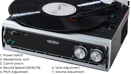 This belt driven 3-speed turntable will play all your favorite vinyl records and more. You can even use the front-mounted auxiliary input jack for connecting your smartphone or other digital audio players to listen to.