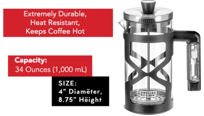 French Coffee Press with Built in Hourglass Timer