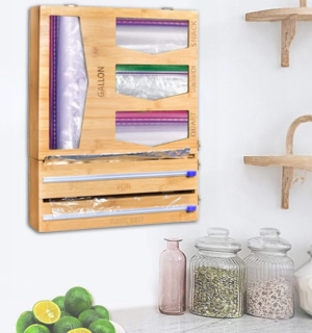 Picture 1 of Bamboo Kitchen Bag and Wrap Organizer with Foil and Plastic Wrap Cutters