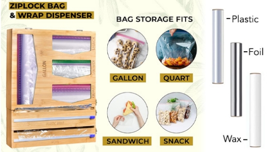 Bamboo Kitchen Bag and Wrap Organizer with Foil and Plastic Wrap Cutters