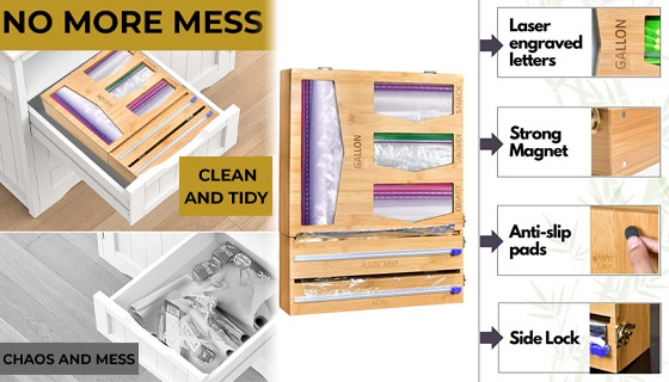 Picture 4 of Bamboo Kitchen Bag and Wrap Organizer with Foil and Plastic Wrap Cutters