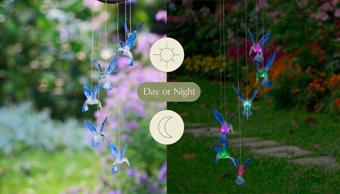 Picture 2 of Solar Powered Hummingbird Mobile with Color-Changing LED Lights