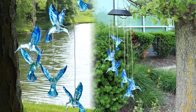 Picture 4 of Solar Powered Hummingbird Mobile with Color-Changing LED Lights