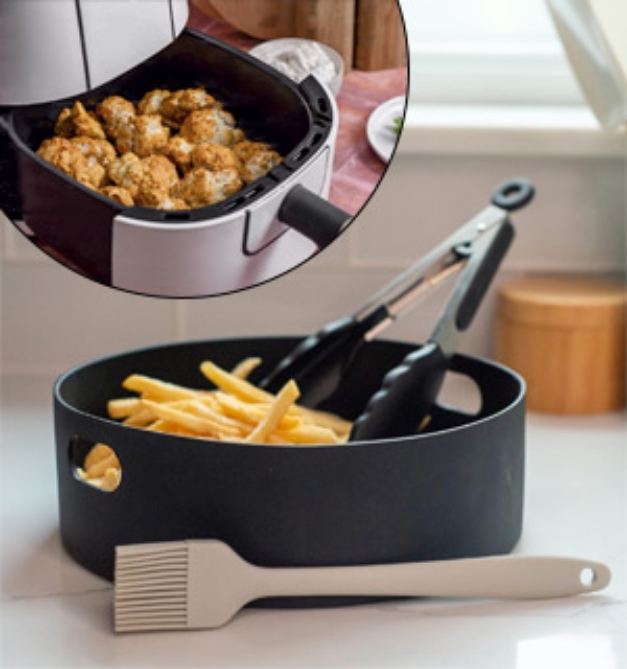 Picture 1 of DD-Charge Tower:Silicone Air Fryer Basket with Basting Brush and Tongs (Medium)(Dented Packaging)
