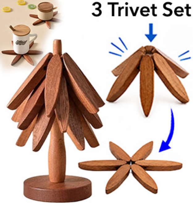 Set of 3 Wooden Trivets with Decorative Tree Display Stand - PulseTV