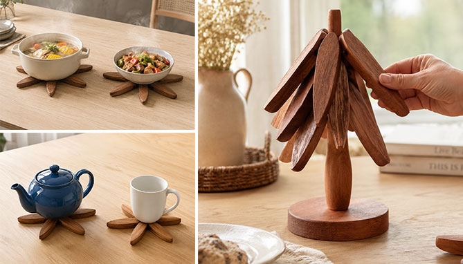 Set of 3 Wooden Trivets with Decorative Tree Display Stand - PulseTV