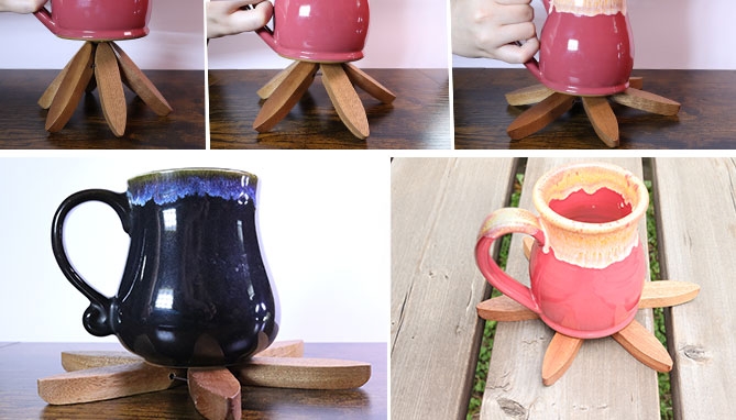 Picture 4 of Set of 3 Wooden Trivets with Decorative Tree Display Stand