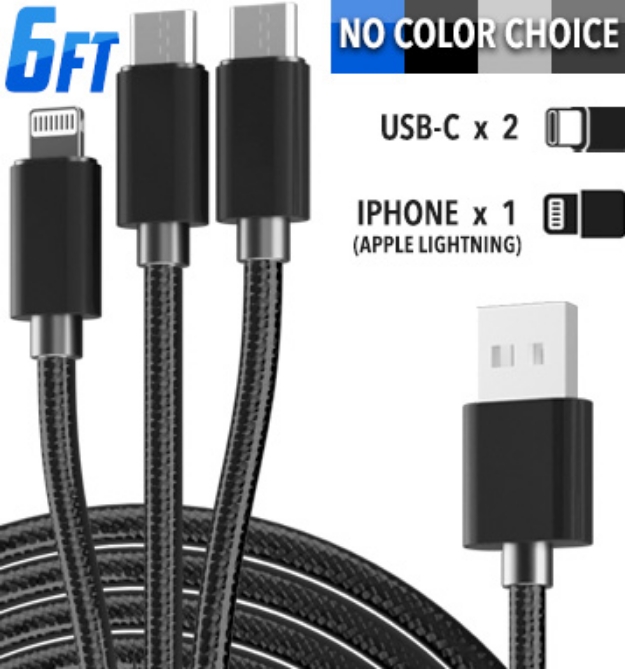 Picture 1 of Upgraded 6ft Braided Charging Cable: Double USB-C and Lightning
