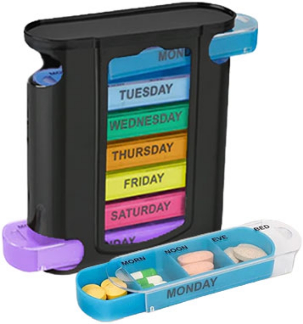 Picture 1 of 7-Day Pill Organizer With 4 Daily Compartments And Travel Trays