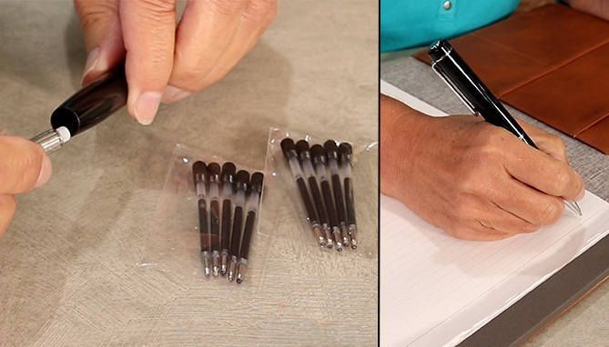 image of voice recorder pen ink refills and woman’s hand writing with recording pen