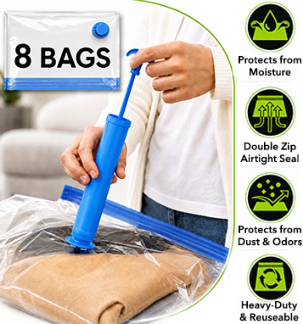 Picture 1 of Heavy Duty Vacuum Bag Kit With Hand Pump & 8 Bags