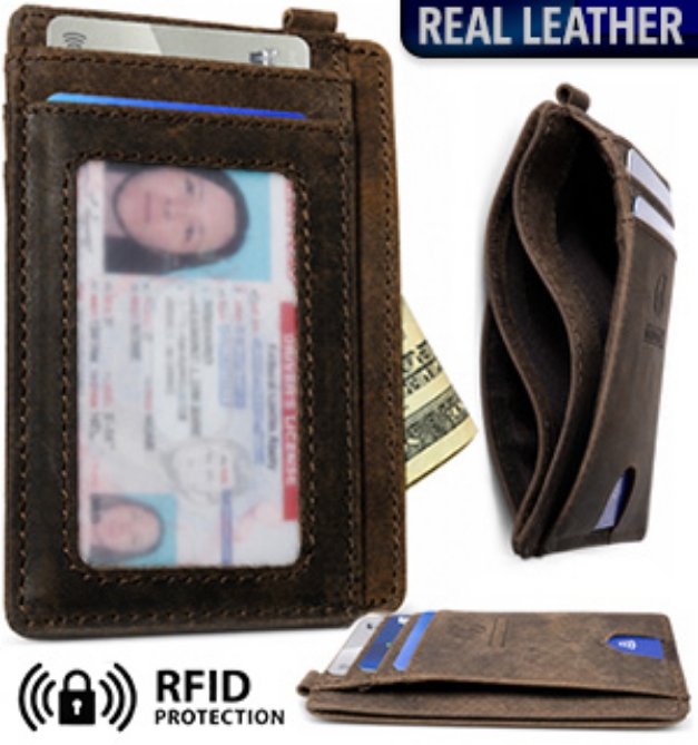 Picture 1 of Slim Minimalist Leather Wallet with RFID Protection (Vintage Brown)